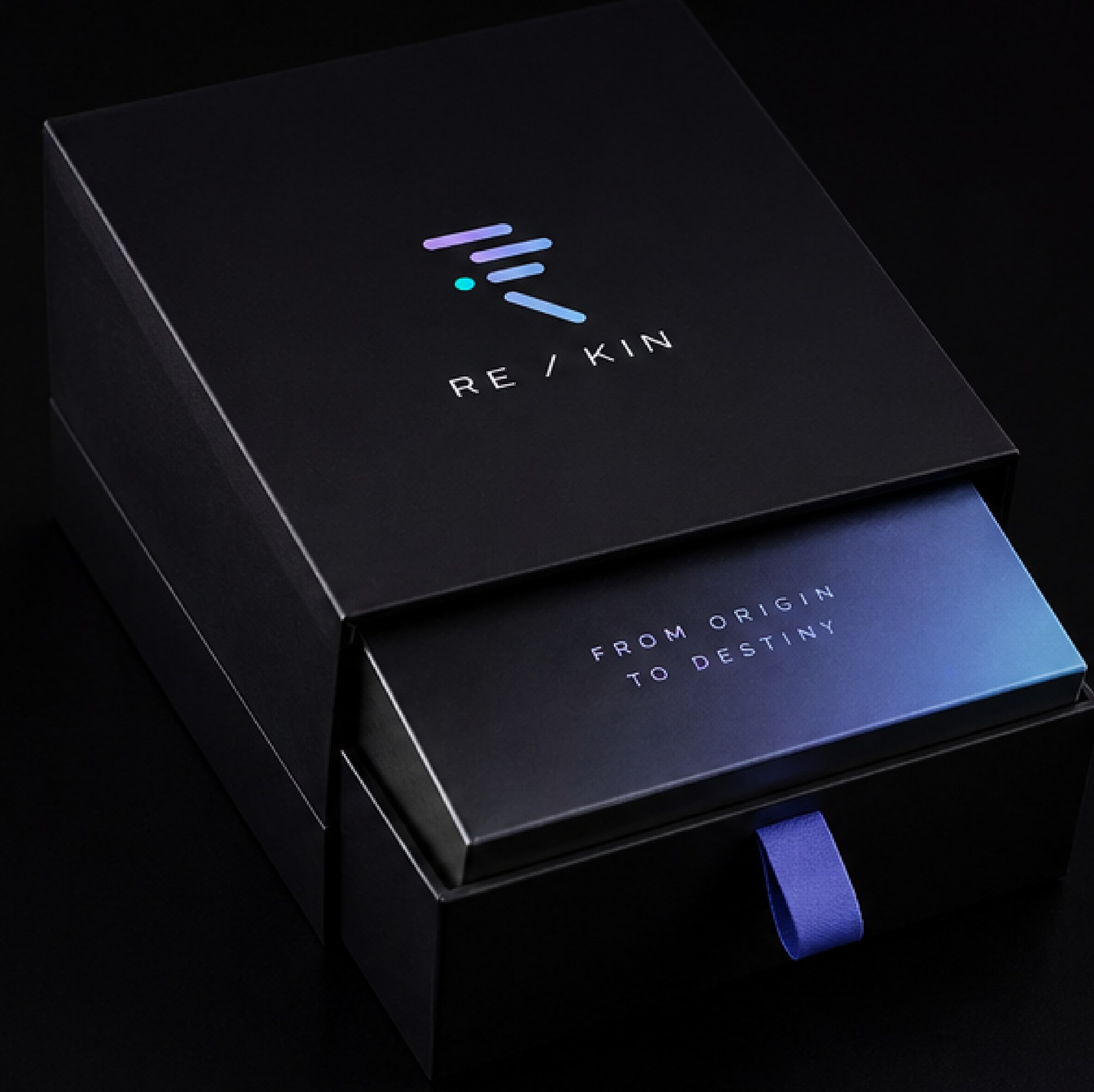 Re/Kin packaging, closed box with debossed logo